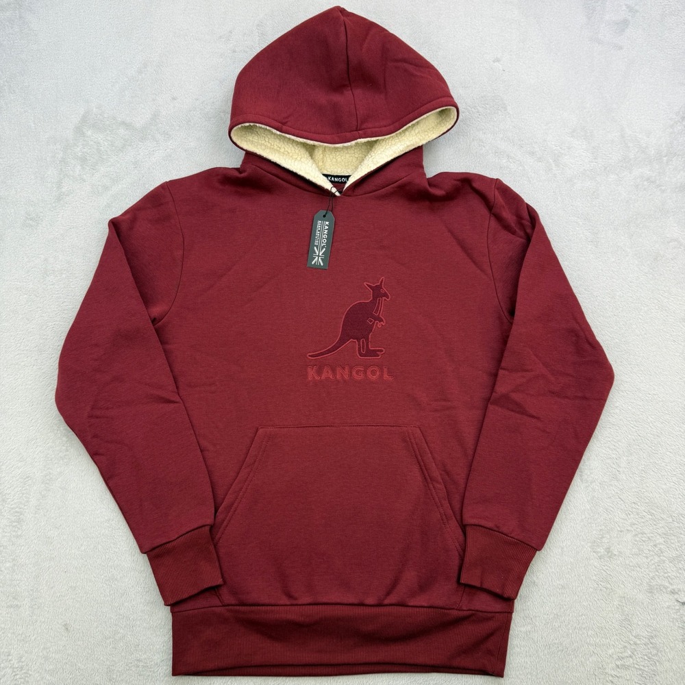 Kangol Hoodie Mens Sm. Burgundy‎ Sherpa Lined Kangaroo Logo Embroidered Pullover